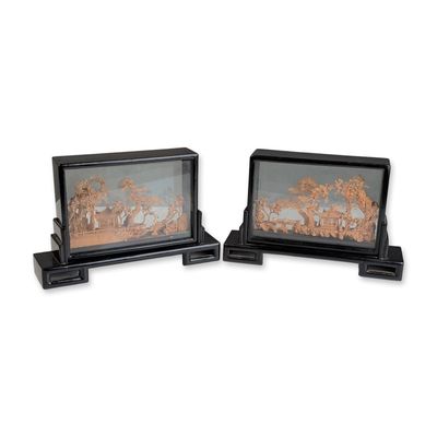 Sale Photo Thumbnail #150: 4pc Chinese Cork Landscape Dioramas in Lacquered Frames with Stands