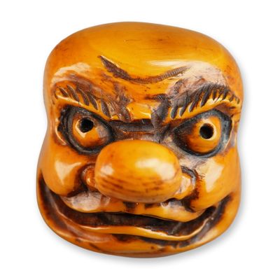 Sale Photo Thumbnail #370: Boxwood Netsuke Signed Tengu Noh Mask