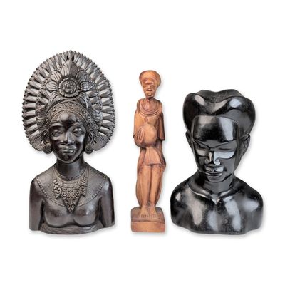 Three Regional Hand Carved Wooden Figurines and Busts