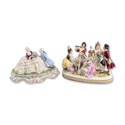 Sale Photo Thumbnail #128: 2pc Luigi Fabris Italy and Volkstedt Germany Porcelain Rococo Figural Groups