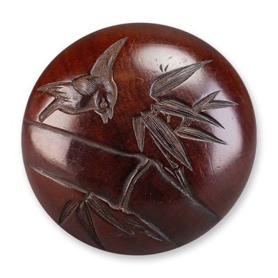 Sale Photo Thumbnail #378: Japanese Wood Manju Netsuke, Bird & Bamboo Signed
