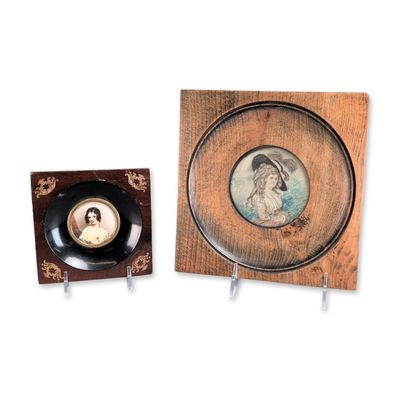 Sale Photo Thumbnail #333: 2pc French Hand-Painted Gouache Miniature Portraits of Aristocratic Ladies