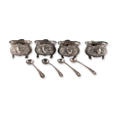 8pc Victorian Sterling Silver WRC Salt Cellars and JL&S Spoons Set