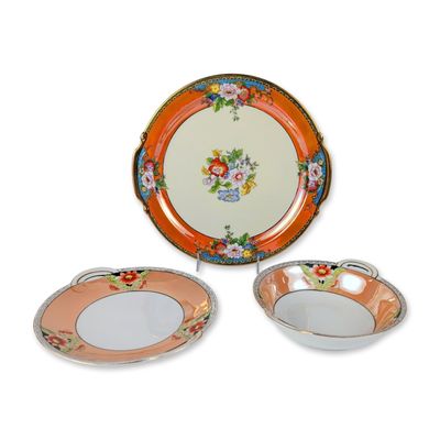 Sale Photo Thumbnail #570: 3pc Noritake Hand Painted Orange Lusterware Serving Plate and Bowl with Saucer