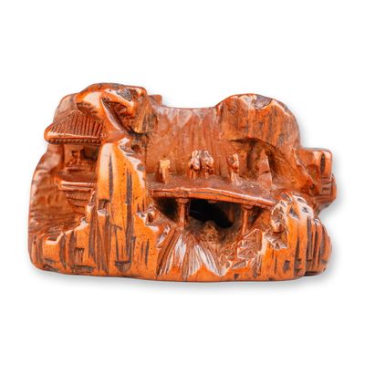 Sale Photo Thumbnail #377: Wood Netsuke, Village Scene & Mountain Signed Yasunaga