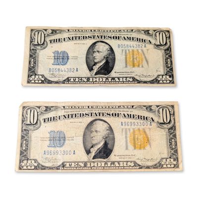 Sale Photo Thumbnail #703: 2pc 1934 A US Ten-Dollar Silver Certificates Yellow Seal