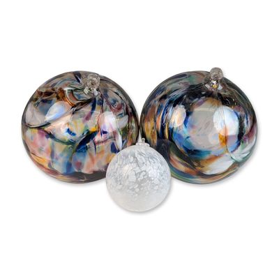 Sale Photo Thumbnail #524: 3pc Large Hand Blown Iridescent Glass Spheres with White Confetti Glass Ornament