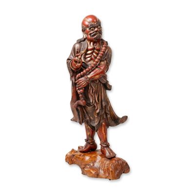 Sale Photo Thumbnail #146: 2pc Chinese Qing Dynasty Wood Carved Lacquer Lohan Sculpture on Burl Wood Base