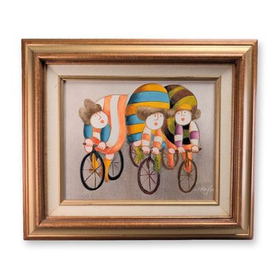Sale Photo Thumbnail #111: Joyce Roybal (American 20th century) Oil on Canvas, Three Unicycles, Signed