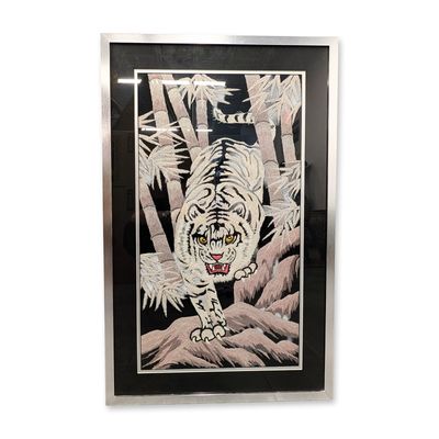 Sale Photo Thumbnail #607: Contemporary White Tiger and Bamboo Embroidered Textile Panel