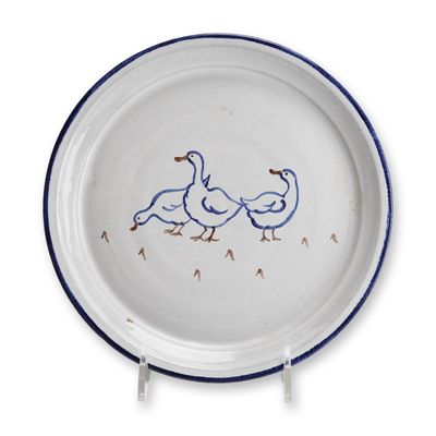 Sale Photo Thumbnail #569: Studio Earthenware Plate with Stylized Duck Scene, Signed Valls, Dated 2014