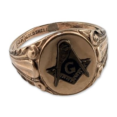 Sale Photo Thumbnail #404: Masonic Square and Compasses 14K Gold Shell Signet Ring