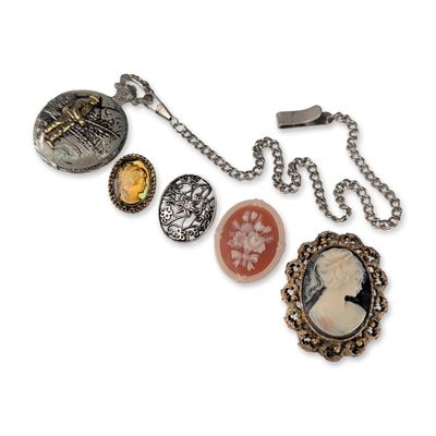 Sale Photo Thumbnail #634: 5pc Vintage Cameo, Floral, and Fisherman Costume Brooch Pins and Pocket Watch