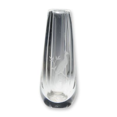 Orrefors Clear Crystal Faceted Bud Vase with Etched Bird