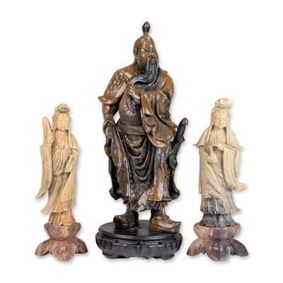 Sale Photo Thumbnail #147: Three Chinese Carved Soapstone Guan Yu and Guanyin Figurines