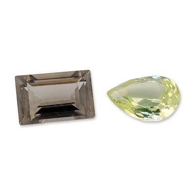 Sale Photo Thumbnail #637: 2pc Loose Emerald and Pear Cut Smoky Quartz and Yellow-Green Gemstones