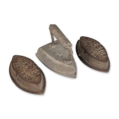 Sale Photo Thumbnail #359: 3pc Early 20th Century Asbestos Sad Irons without Handle and Handled Silver Iron