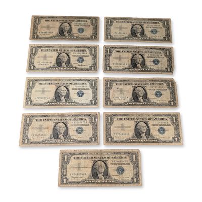 Sale Photo Thumbnail #705: 9pc 1935 E, 1957, 1957 A & 1957 BUS One-Dollar Silver Certificates Blue Seal