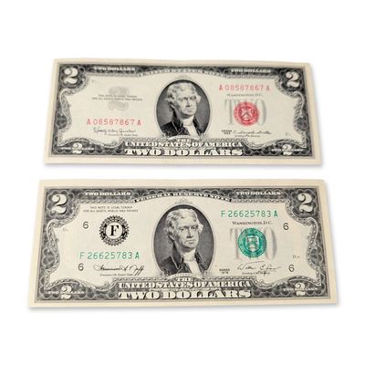 Sale Photo Thumbnail #704: 2pc 1963 Red Seal, 1976 Green Seal US Two-Dollar Banknotes