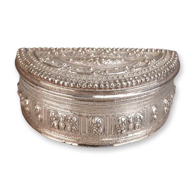 Sale Photo Thumbnail #138: Burmese Sterling Silver Half Moon Shape Box w/ Hinged Lid Floral Design