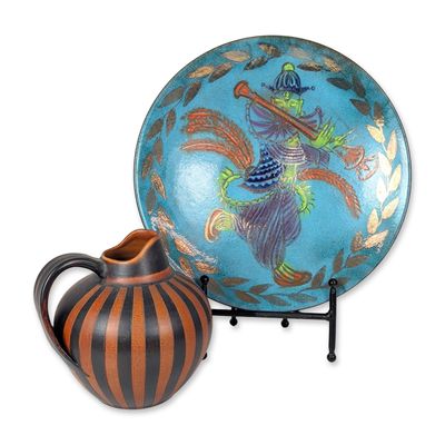 Sale Photo Thumbnail #548: Wilhelm Kagel Ceramic Pitcher and Enameled Copper Centerpiece Bowl