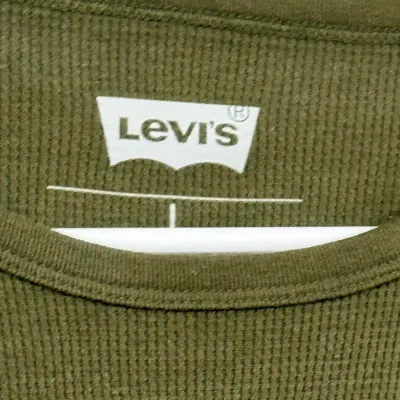 Sale Photo Thumbnail #886: Levi's olive green thermal long-sleeve shirt, showing the printed tag detail at the inner neckline.