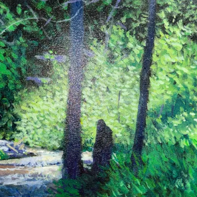 Sale Photo Thumbnail #473: Original oil painting on textured canvas depicting a forest landscape with trees, foliage, and a stream.