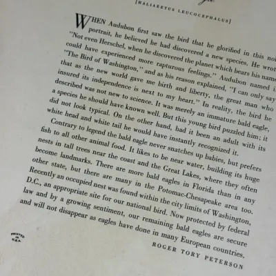 Sale Photo Thumbnail #435: Printed descriptive text page about the Bald Eagle, authored by Roger Tory Peterson.