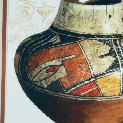 Sale Photo Thumbnail #485: Framed Southwestern-style art print depicting a traditional geometric vessel, signed by the artist at the lower left.