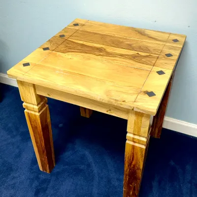 Sale Photo Thumbnail #733: Rustic solid wood end table featuring metal diamond inlays on the tabletop and sturdy block legs.