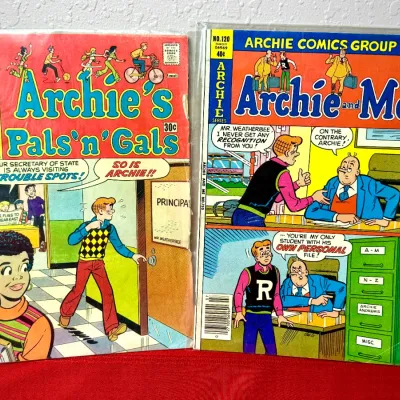 Sale Photo Thumbnail #757: Pair of vintage Archie comic books, including Archie's Pals 'n' Gals #106 (July) and Archie and Me #120, both stored in protective plastic sleeves.