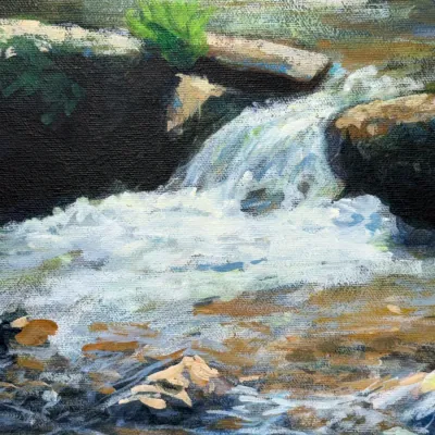 Sale Photo Thumbnail #459: Detail view of an impressionistic acrylic or oil painting on stretched canvas featuring a cascading stream and rocks.