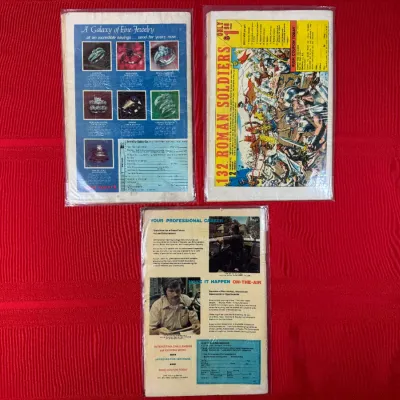 Sale Photo Thumbnail #788: Trio of vintage comic books displaying their back cover advertisements, individually bagged and preserved in good condition.