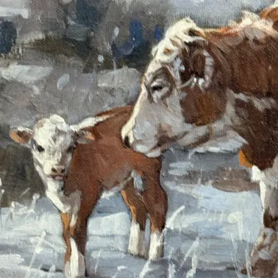 Sale Photo Thumbnail #445: Original oil painting on canvas depicting a Hereford cow and calf in a snowy landscape setting.