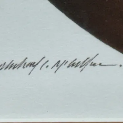 Sale Photo Thumbnail #486: Detail shot of a handwritten signature in pencil on the bottom margin of an artwork print.