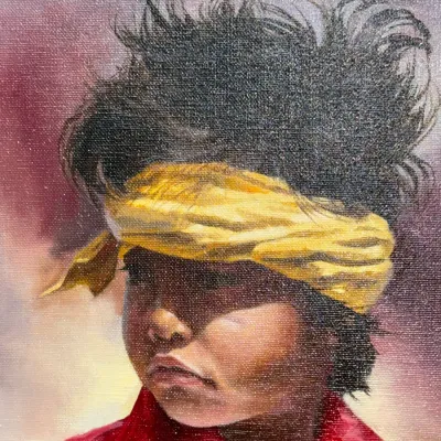 Sale Photo Thumbnail #139: Oil painting on canvas depicting a Native American youth wearing a yellow headband and red shirt, presented in a gilded frame.