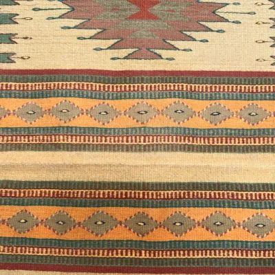 Sale Photo Thumbnail #422: Handwoven Southwestern or Native American style wool runner textile, featuring geometric diamond and stepped motifs in earth tones.