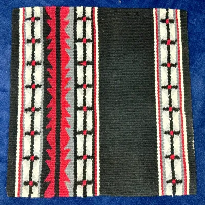 Sale Photo Thumbnail #436: Hand-woven Southwestern-style wool rug with geometric patterns in black, red, grey, and white.