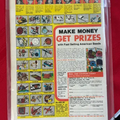 Sale Photo Thumbnail #813: Back cover advertisement for American Seed Co. on a vintage comic book, enclosed in a protective plastic sleeve.