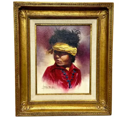 Sale Photo Thumbnail #4: Framed oil painting portrait of a young Native American child by artist Goebel, set in a carved gilt wood frame with a fabric liner.