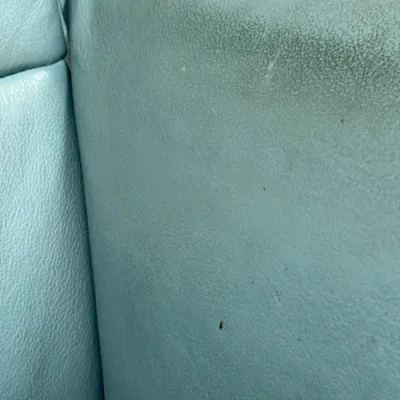 Sale Photo Thumbnail #230: Close-up detail of light blue leather upholstery showing minor surface wear and small spots.