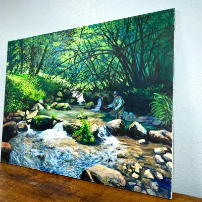 Sale Photo Thumbnail #454: Large unframed acrylic painting on board depicting a fly fisherman in a shaded forest stream, signed by the artist in the lower left corner.
