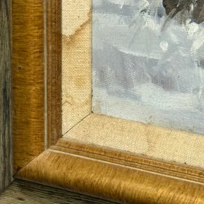 Sale Photo Thumbnail #451: Close-up of a framed oil painting with a fabric mat liner, showing water staining on the fabric and minor wear to the wooden frame.