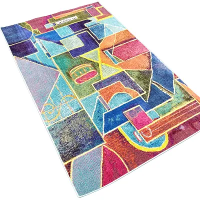 Sale Photo Thumbnail #67: Contemporary abstract area rug featuring a vibrant geometric stained-glass style pattern in shades of blue, magenta, orange, and yellow.