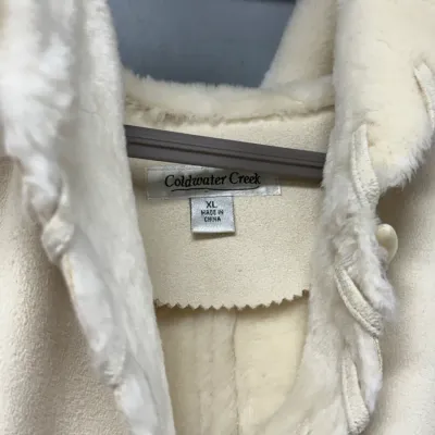 Sale Photo Thumbnail #848: Coldwater Creek off-white faux suede coat with plush faux fur trim, size XL.