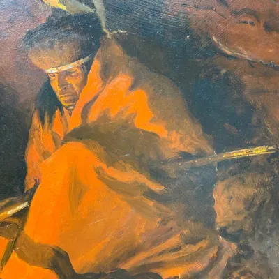 Sale Photo Thumbnail #104: Framed oil painting depicting a Native American man draped in a bright orange blanket holding a pipe.