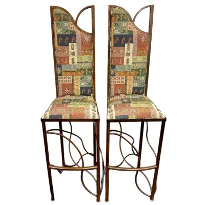 Sale Photo Thumbnail #18: Pair of high-back wrought iron bar stools featuring sculptural, organic curved metalwork and Southwestern tapestry fabric upholstery.
