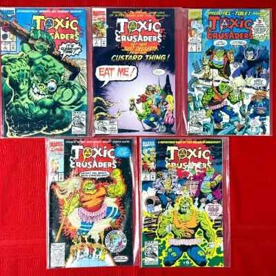 Sale Photo Thumbnail #75: Collection of five Marvel Comics Toxic Crusaders comic books, issues #1 through #5, published in 1992 and displayed in protective plastic sleeves.