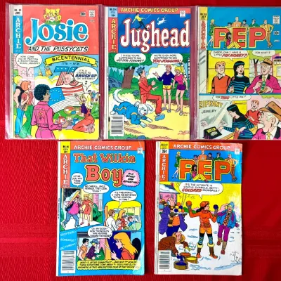 Sale Photo Thumbnail #71: Collection of five vintage Archie Comics Group comic books from the 1970s, including titles such as Josie and the Pussycats, Jughead, Pep, and That Wilkin Boy.