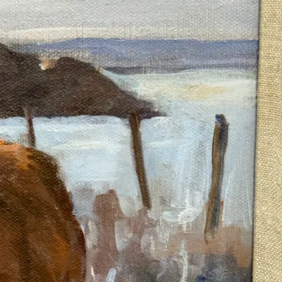 Sale Photo Thumbnail #447: Close-up detail of an impressionistic oil painting on canvas featuring a rural landscape with fence posts, presented in a fabric-matted frame.